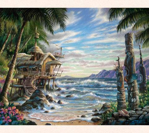 Tom Thordarson's fantasy painting Cove of Wonders features a beachside straw hut and tikis.