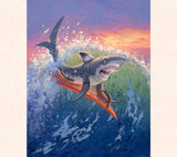 Fantasy Artist Tom Thordarson depicts a shark riding a giant wave atop a surfboard, part of his 'Surfing 'Aumakua Series'