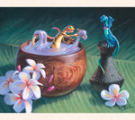 In this gecko artwork by Tom Thordarson, a gecko offers a big dollop of Hawaiin Poi to his gal sitting nearby.