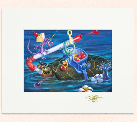 Matted print of Sub Turtle Cherry Hurdle with gold leaf Thor signature