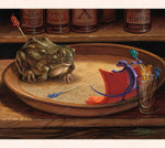 In this whimsical gecko art, Tom Thordarson, imagines a bull fight on a cork-topped bar tray with a gecko as the matador and a bullfrog as the bull.