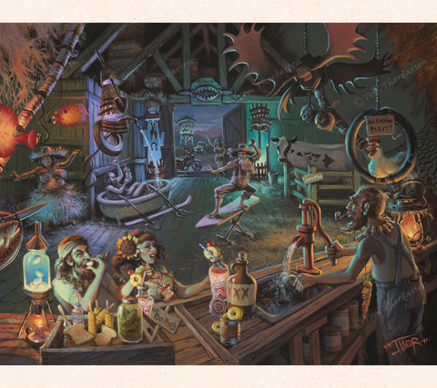 In this whimsical piece, Tom Thordarson imagines an old barn converted into a tiki bar filled with repurposed farming junk.