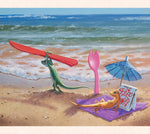 In the right panel of his triptych series, Tom Thordarson paints sporty geckos using discarded plastic utensils as surfboards.