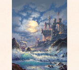 Fantasy Artist Tom Thordarson paints an old pirate ship sailing at midnight with a large moon guiding its way past an enchanted castle. 