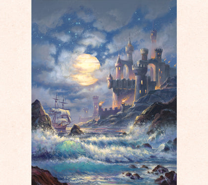 Fantasy Artist Tom Thordarson paints an old pirate ship sailing at midnight with a large moon guiding its way past an enchanted castle. 