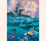 Military art by Tom Thordarson showing a submarine returning to Hawaii welcomed home by sea creatures