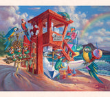 This fantasy art shows a lifeguard station converted into a shaved ice machine powered by colorful, tropical parrots.