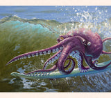 Fantasy artist Tom Thordarson paints a tubular octopus surfing and catching waves, showing not all surfers are created equal, surf along side him!