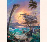 In this intricate painting, fantasy Artist Thor incorporates surfboards and other familiar beach features in the ultimate surf shack on the ocean.