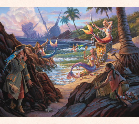 In Tom Thordarson's fantasy painting Finders Peepers we witness the lore and enchantment of four mermaids as they have quite a celebration on the beach! 