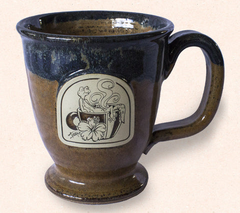 Collectible Thor ceramic, tall coffee mug by Tom Thordarson features an original artwork 'Hawaiian Steam' engraved with  gecko emblem.