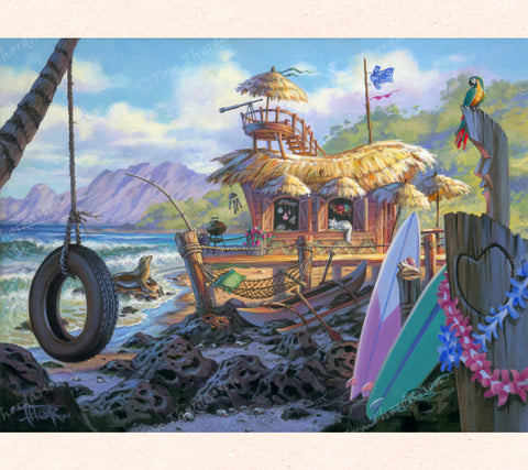 Tom Thordarson's original artwork Hale Kaunu shows an idylic beach home, complete with an observation tower, surfboards, hammock and tire swing.