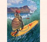 In Hang Two Honu, fantasy artist Tom Thordarson shows a green sea turtle, wearing a tiki necklace, on a long board in front of Diamond Head.
