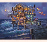 Escape art from Tom Thordarson which shows a lively tiki bar at the end of a pier on the Pacific Ocean.