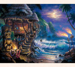 A tiki hut rests on a beach dimly lit by the reflection of a rising moon and the spark of a fire from tiki lanterns on the shoreline by Hawaii artist Tom Thordarson.