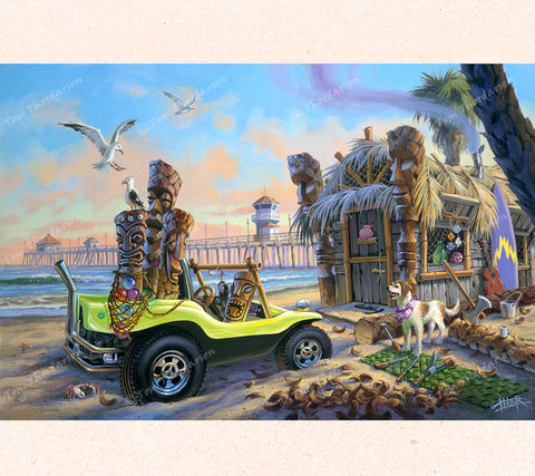 Fantasy Artist Thor paints a California beach landscape with a dune buggy loaded with tikis to sell.