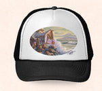 Black and white Hawaii trucker hat featuring Tom Thordarson artwork of a cozy tiki hut next to the ocean