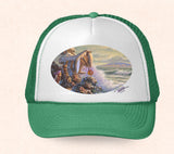 Green and white Hawaii trucker hat featuring Tom Thordarson artwork of a cozy tiki hut next to the ocean