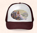 Maroon and white Hawaii trucker hat featuring Tom Thordarson artwork of a cozy tiki hut next to the ocean