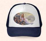 Navy and white Hawaii trucker hat featuring Tom Thordarson artwork of a cozy tiki hut next to the ocean