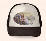 Brown and tan Hawaii trucker hat featuring Tom Thordarson artwork of a cozy tiki hut next to the ocean