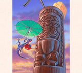 Fantasy Artist Tom Thordarson depicts a sneaky gecko thief making off with a bright red maraschino cherry from a tall tiki mug.