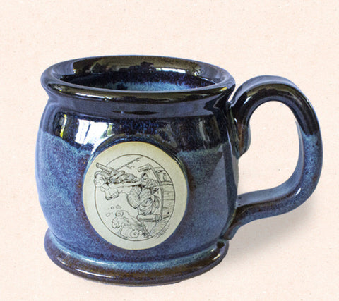 Collectible Thor ceramic tall coffee mug by Tom Thordarson features an original artwork 'Maiden Mast' engraved with a mermaid emblem.