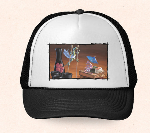 Black and white Hawaii trucker hat featuring Tom Thordarson artwork of colorful geckos at a sushi bar