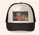 Brown and tan Hawaii trucker hat featuring Tom Thordarson artwork of colorful geckos at a sushi bar