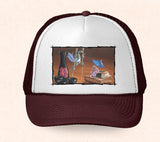 Maroon and white Hawaii trucker hat featuring Tom Thordarson artwork of colorful geckos at a sushi bar