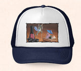 Navy and white Hawaii trucker hat featuring Tom Thordarson artwork of colorful geckos at a sushi bar