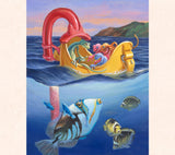 A little gecko family goes on a glass bottom 'boat' tour at Hanauma Bay in Hawaii on a toy snorkeling set in this fantasy art by Tom Thordarson, part of his gecko art series.