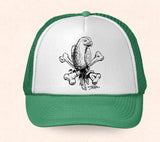 Green and white Hawaii trucker hat featuring Tom Thordarson's black and white artwork of a tropical parrot sitting on crossbones.