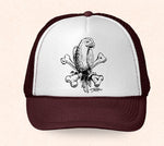 Maroon and white Hawaii trucker hat featuring Tom Thordarson's black and white artwork of a tropical parrot sitting on crossbones.
