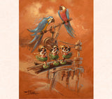 This piece by fantasy artist Tom Thordarson is a Monochrome study focusing on the animated movements of the parrots that help drive the machine.