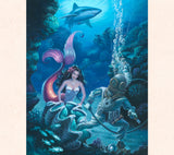 Tom Thordarson's deep sea artwork 'Perils and Pearls' shows a beautiful mermaid saving a deep sea diver, while a hungry shark circles above.