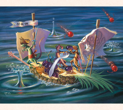In this whimsical art by Tom Thordarson, cocktail napkins and chopsticks become masts and sails and a pineapple becomes a galleon for its gecko crew.
