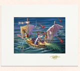 Matted print of Purple Projectiles Off Port Side with gold leaf Thor signature