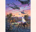 In this military art commissioned by U.S. Marines, Tom Thordarson depicts CH-53D Sea Stallion Helicopters delivering 'a taste of Hawaii and Aloha' to the Middle East.