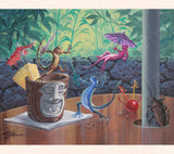 As part of his gecko series, Tom Thordarson depicts two geckos fighting with plastic cocktail swords for the hand of a fair maiden.