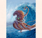 Fantasy Artist Tom Thordarson depicts an octopus with a puka necklace riding a giant wave atop a surfboard, part of his 'Surfing 'Aumakua Series'