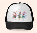 Black and white Hawaii trucker hat featuring Tom Thordarson's arwork of hula dancing geckos