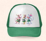 Green and white Hawaii trucker hat featuring Tom Thordarson's arwork of hula dancing geckos