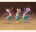 In this gecko art from Tom Thordarson, three female geckos have used their ingenuity to put together a hula costume with what they can find just lying about.