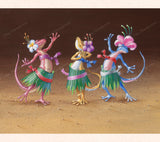 In this gecko art from Tom Thordarson, three female geckos have used their ingenuity to put together a hula costume with what they can find just lying about.