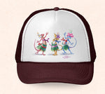 Maroon and white Hawaii trucker hat featuring Tom Thordarson's arwork of hula dancing geckos