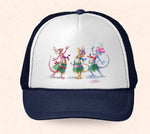 Navy and white Hawaii trucker hat featuring Tom Thordarson's arwork of hula dancing geckos