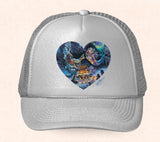 Gray Hawaii trucker hat featuring Tom Thordarson's artwork of a diver and a mermaid.