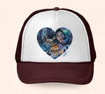 Maroon and white Hawaii trucker hat featuring Tom Thordarson's artwork of a diver and a mermaid.