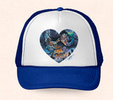 Blue and white Hawaii trucker hat featuring Tom Thordarson's artwork of a diver and a mermaid.